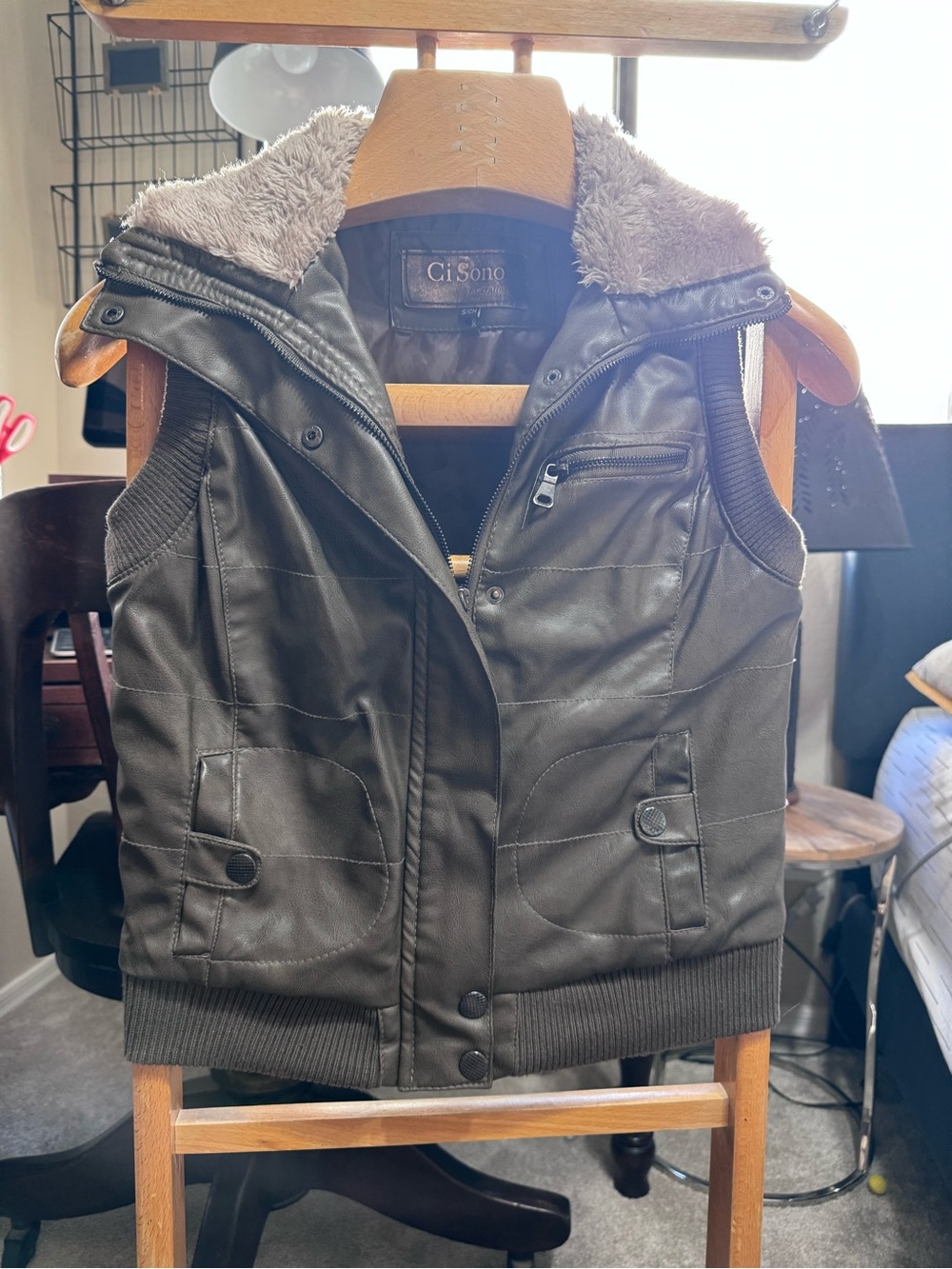 Ci Sono Dark Brown Faux Leather Sherpa-Lined Vest